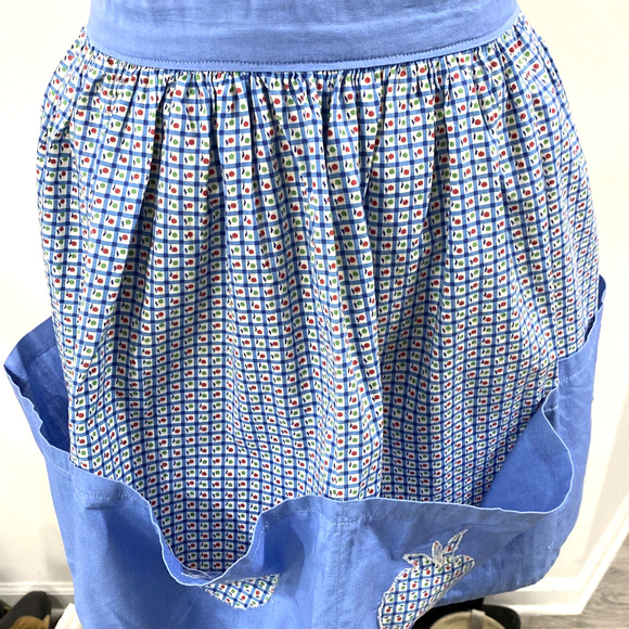 Vintage Handmade Waitress Half Apron 4 Front Hem Pockets Blue Red Green Apples - Picture 5 of 8